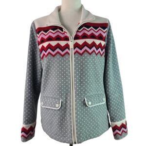 Talbots Gray Red Pink Fair Isle Style   Zip Up Soft Fleece Jacket NEW Medium